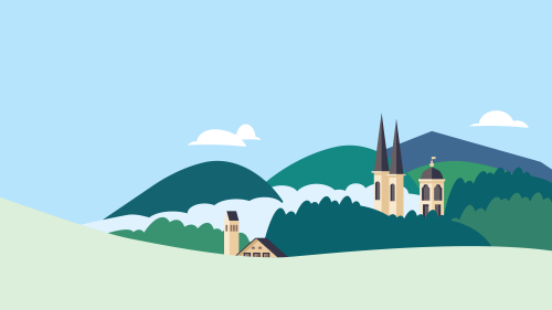 Illustration mit Bergen und Kirchen