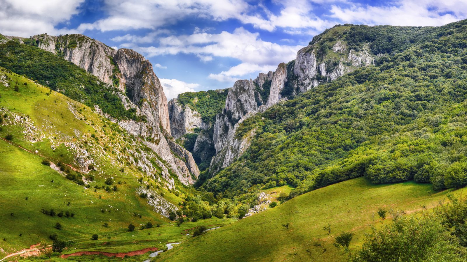 Eine weite, unberührte Landschaft mit grünen Hügeln und steilen Felsen unter einem bewölkten Himmel.