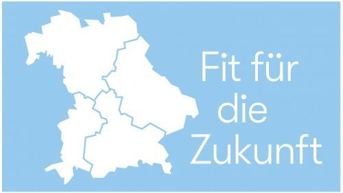 Grafische Karte von Bayern mit seinen vier touristischen Regionen auf hellblauem Hintergrund, daneben steht der Schriftzug 
