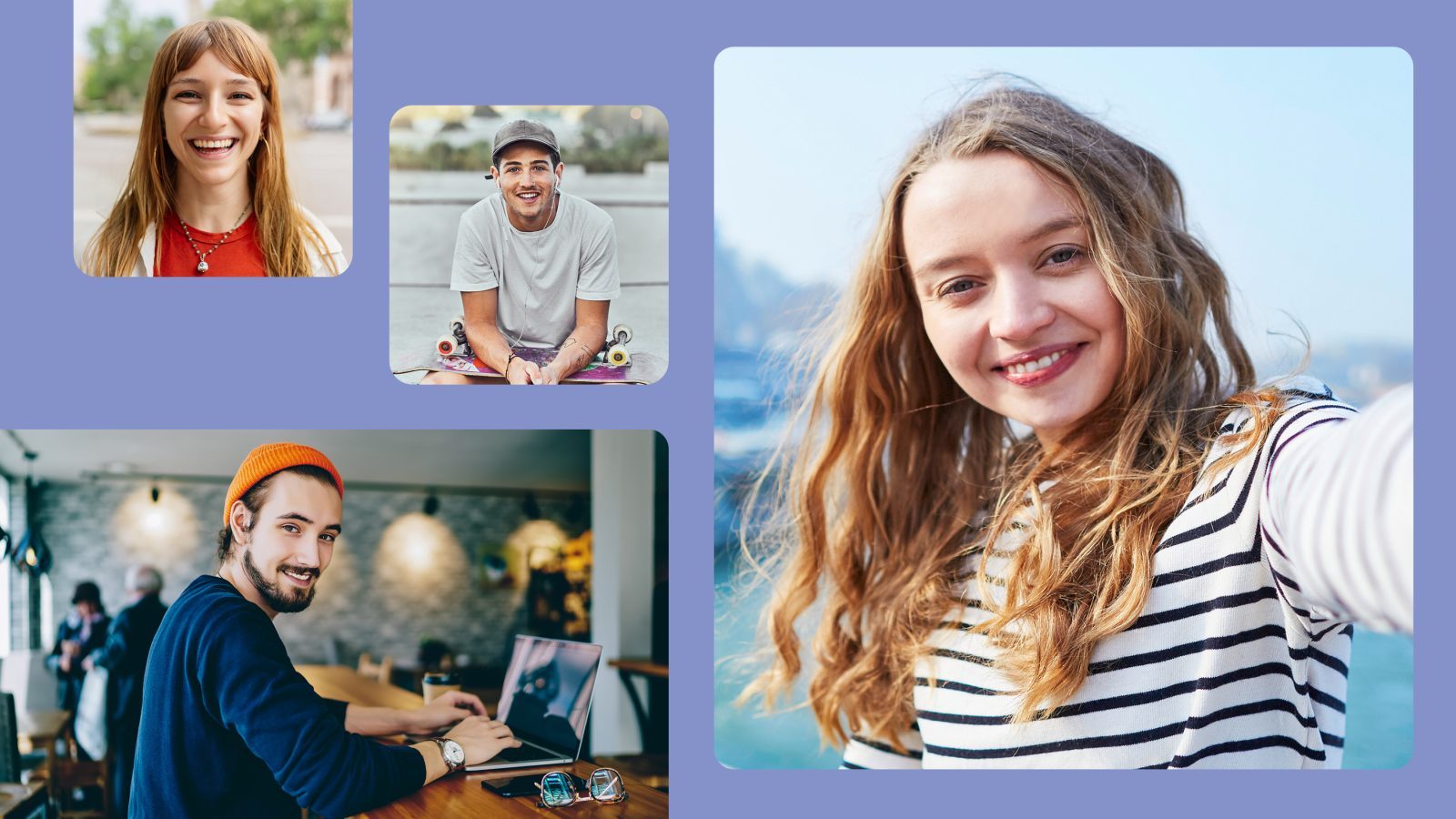 Vier Porträtfotos junger Menschen auf einem violetten Hintergrund, die lächeln und verschiedene Aktivitäten zeigen.