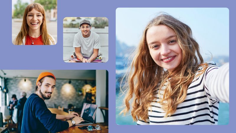 Vier Porträtfotos junger Menschen auf einem violetten Hintergrund, die lächeln und verschiedene Aktivitäten zeigen.