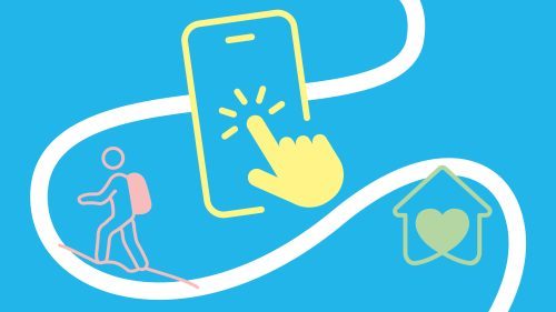 Grafik mit einem Smartphone, einer wandernden Person und einem Herzhaus auf blauem Hintergrund.