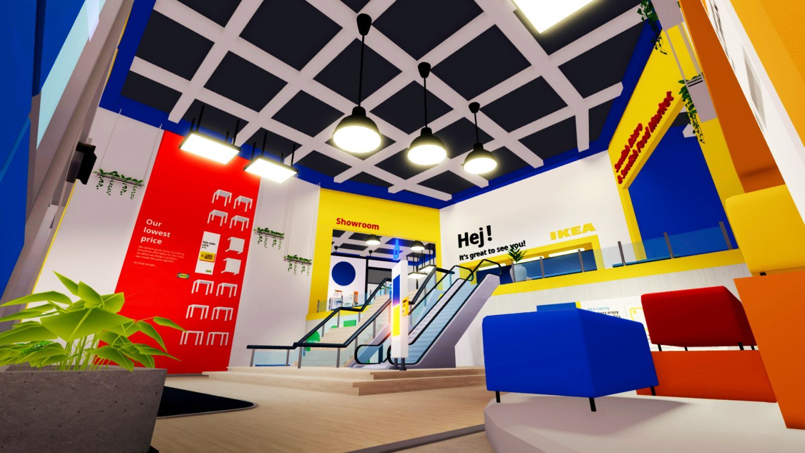 IKEA-Showroom in einem Computerspiel mit bunten Wänden, Pflanzen, Treppen und Sitzbereichen in verschiedenem Design.